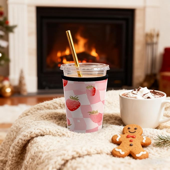 Cute Pink Insulated Coffee Sleeve for Women & Gifts Strawberry Checkered Iced Coffee Sleeve Set of 3 Fits 16oz 24oz 30oz Cups