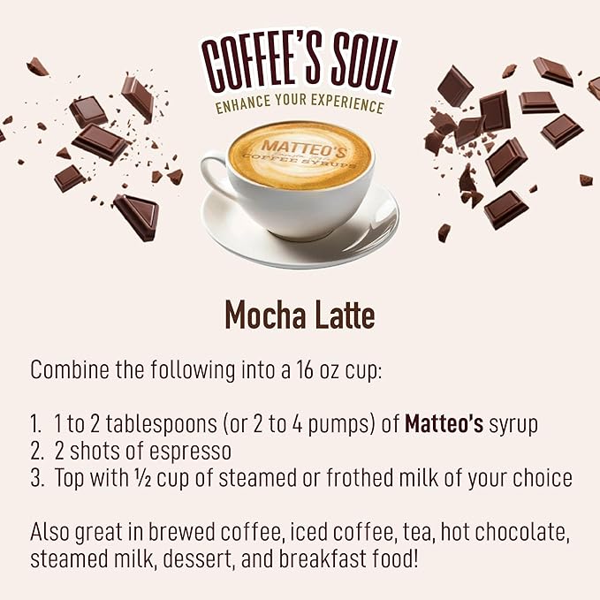 Matteo's Mocha Syrup for Coffee, Lattes, Cappuccinos & Desserts – Sugar-Free Sweetener for Beverages, Keto Friendly, Zero Calories, Indulgent Flavor, Non-Alcoholic, Ideal for Hot Drinks 33.8oz (6pk)