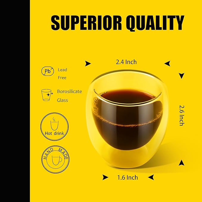 PunPun Glass Cups 2.7oz. 80ml Espresso Coffee Cups, Demitasse Cups Double Walled Clear Insulated,Shot Glass Set of 4