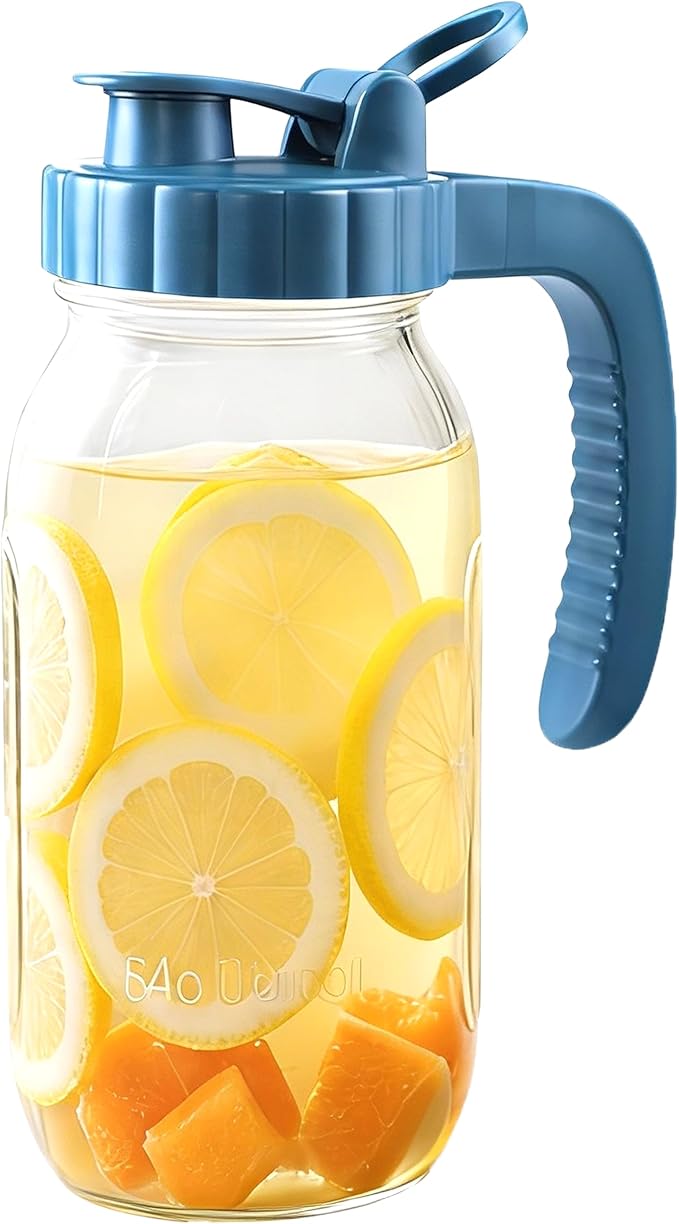 Half Gallon Glass Pitcher With Lid 64 Oz Wide Mouth Mason Jar Cold Hot Water Pitcher 2 Quart Sun Tea Glass Jar For Outside For Fridge Lemonade, Beverage,Milk,Juice, Cold Brew Iced Tea Container