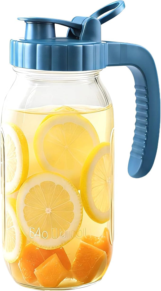 Half Gallon Glass Pitcher With Lid 64 Oz Wide Mouth Mason Jar Cold Hot Water Pitcher 2 Quart Sun Tea Glass Jar For Outside For Fridge Lemonade, Beverage,Milk,Juice, Cold Brew Iced Tea Container