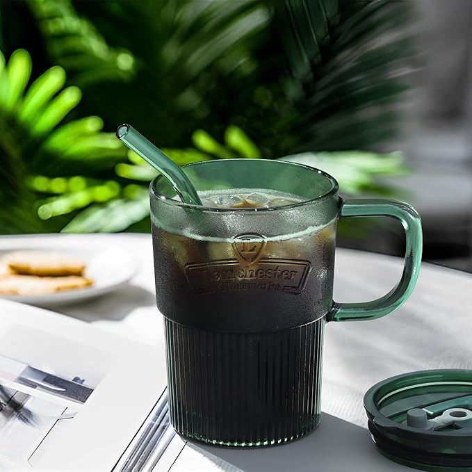 Joeyan Glass Coffee Cup Tumbler with Handle Lid and Straw, Smoothie Iced Coffee Tea Glasses Mug, Green Colored Drinking Jar for Water Juice Beverages Soda Milk, 15oz, Set of 2, Dishwasher Safe