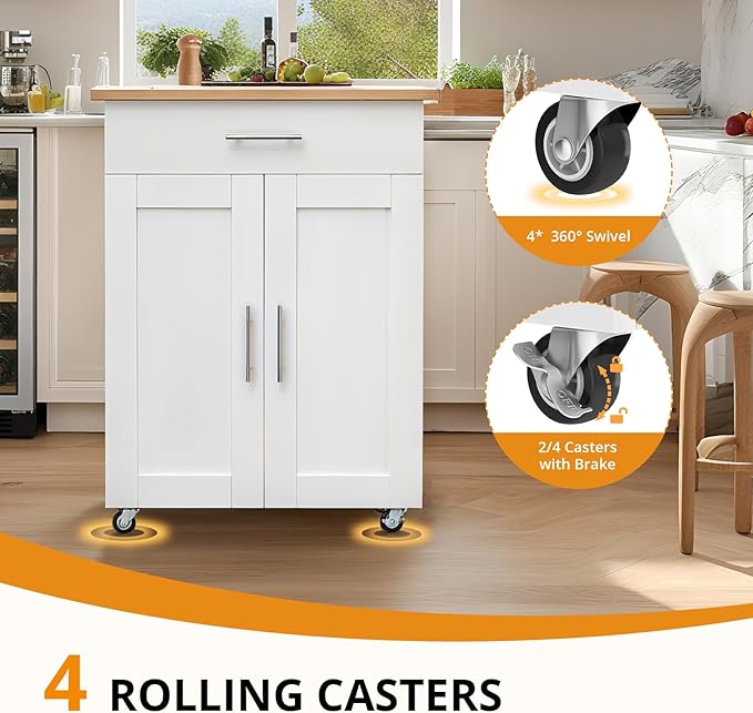 Kitchen Island Cart, Small Kitchen Island with Storage - Large Drawer, Adjustable Shelf & Towel Rack, Mobile Rolling Kitchen Island with Wheels, Space-Saving White Kitchen Organizer for Dining Room