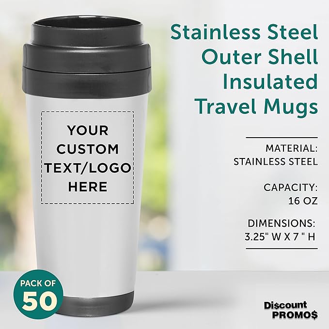 Custom Insulated Stainless Steel Travel Mugs 16 oz. Set of 50, Personalized Bulk Pack - Perfect for Iced Coffee, Soda, Other Hot & Cold Beverages - Stainless Steel