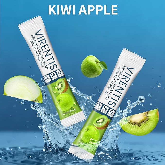 16 Sticks Electrolytes Powder Packets Sugar Free Hydration Packets Liquid Daily IV Electrolyte Drink Mix for Rehydration with 8 Electrolytes & 6 Vitamins, Low Sodium, Kiwi Apple