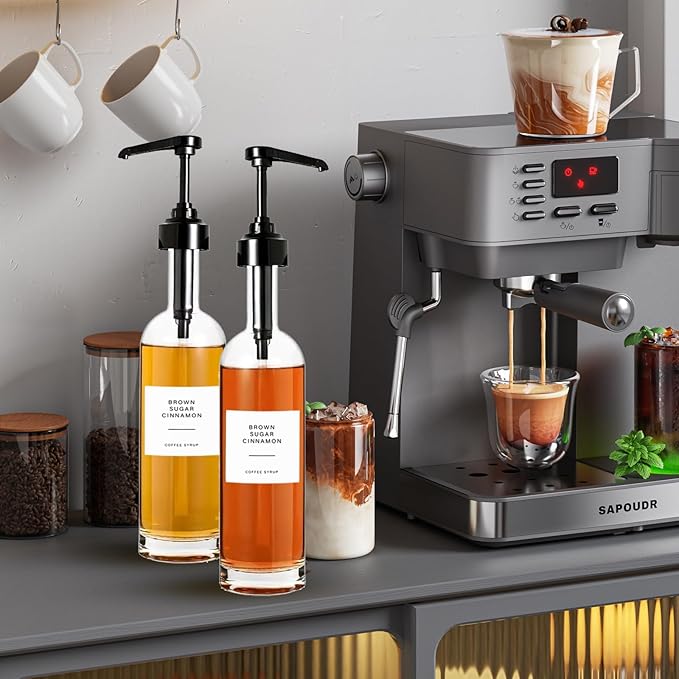 4 PCS 25 Oz Glass Coffee Syrup Dispenser 750 ML Glass Syrup Bottle With Pump And Labels Black Coffee Syrup Pump Dispenser for Coffee Bar Accessories, Home Bar