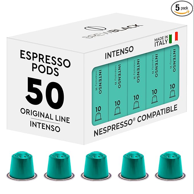 BrewBlack Intenso Coffee Capsules - 50 Aluminum Coffee Pods Compatible with Nespresso Original line, Dark Roast - Intensity 11/12, Made in Italy