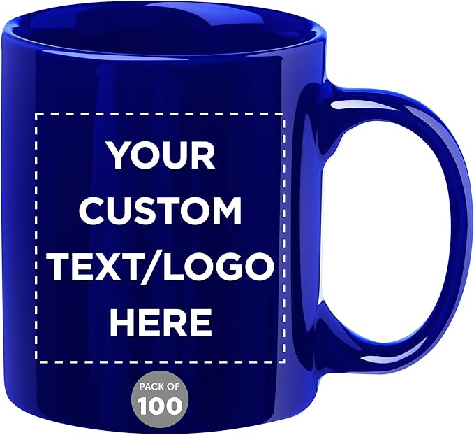 Custom Ceramic Coffee Mugs 11 oz. Set of 100, Personalized Bulk Pack - Coffee cup set, Iced coffee cup, Gaming mug - Royal Blue
