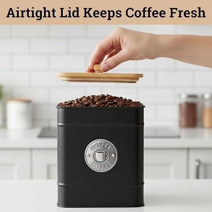 Airtight Coffee Canister - 40 oz Large Iron Black Coffee Container Airtight - 6 x 8 inch Metal Jar - Stylish Countertop Container for Grounds, Beans, Pods & More with Rubber-Lined Bamboo Lid