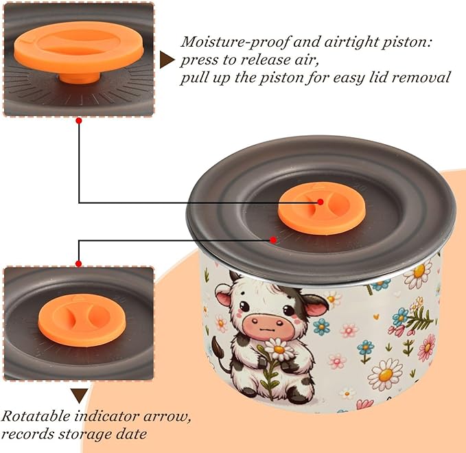 ALAZA Cute Cow Daisy Flower Airtight Coffee Bean Canister 900ml Food Storage Containers with Lids For Gournd, Tea, Sugar, Flour, Rice, Cereal, Candy Cookie Jar