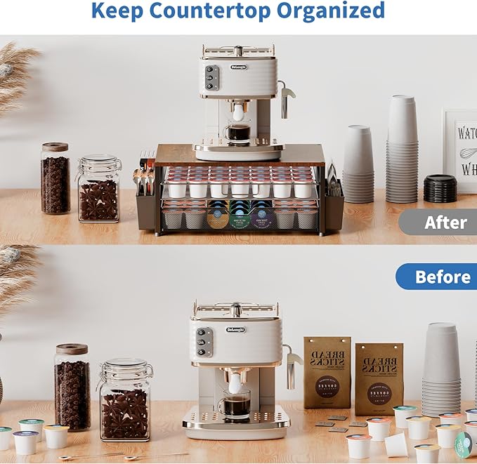 K Cup Holder Organizer, 2-Tier Coffee Pod Holder for 63 Large/80 Small Capsules with Storage Drawer & 2 Accessory Holders, Kcup Organizer for Countertop Coffee Station in Kitchen, Office, Coffee Bar