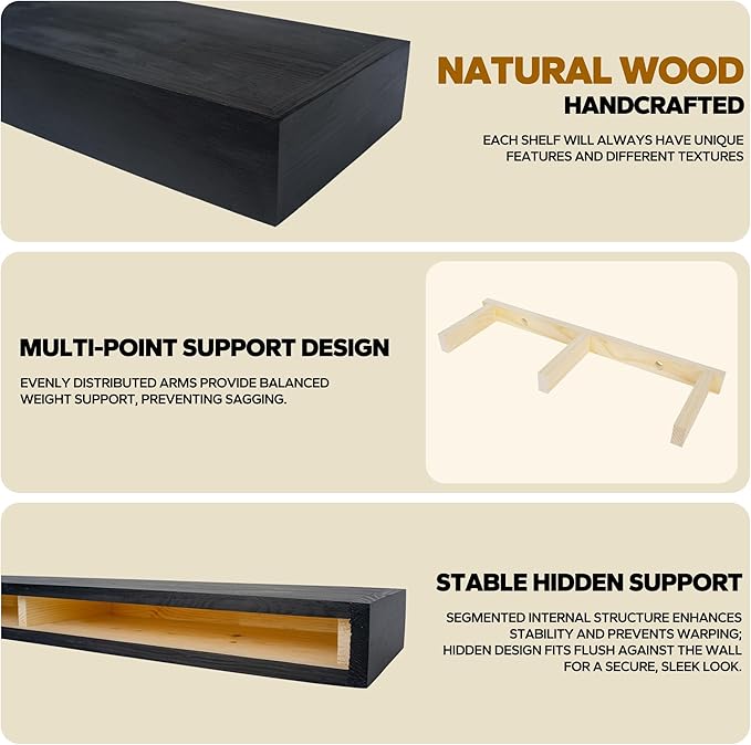 Floating Shelves 3 inch Thick for Wall Set of 2,Solid Pine Wood Wall Mount Shelf for Kitchen Living Room Bedroom Bathroom,8" D x 24" L x 3" H-Black