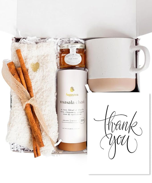 Unboxme Thank You Gift Basket for Women, Warm & Cozy Care Package with Tea, Mug, Socks & Honey, Ready to Gift for Holidays, Clients, Coworkers & Friends