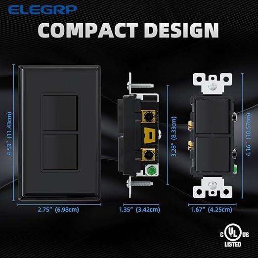 ELEGRP Decorator Double Rocker Light Switch, Two Single Pole Electrical Paddle, 15A 120V, In-Wall On/Off, Self-grounding, With Screwless Wall Plate, UL Listed (1 Pack, Glossy Black)