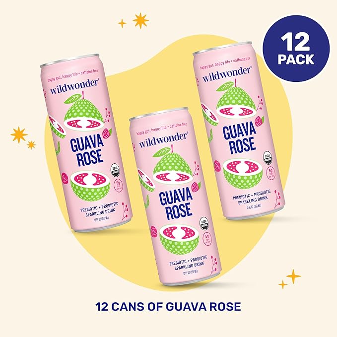 wildwonder Sparkling Probiotic Drink 12pk, for Gut Health & Immune Support, Guava Rose, 5 G Prebiotic Fiber, Live Probiotics, Organic, Vegan, Low Sugar, 12 Pack, 12 Oz Can, As Seen on Shark Tank