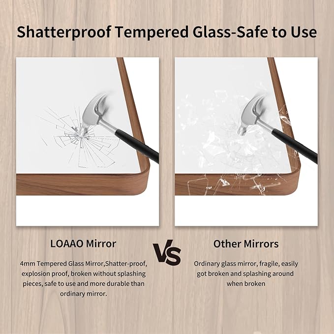 LOAAO 60X36 Inch Bathroom Mirror with Wood Grain Colored Metal Frame, Rounded Rectangle Metal Framed Bathroom Mirror, Anti-Rust, Hangs Horizontally or Vertically, Tempered Glass