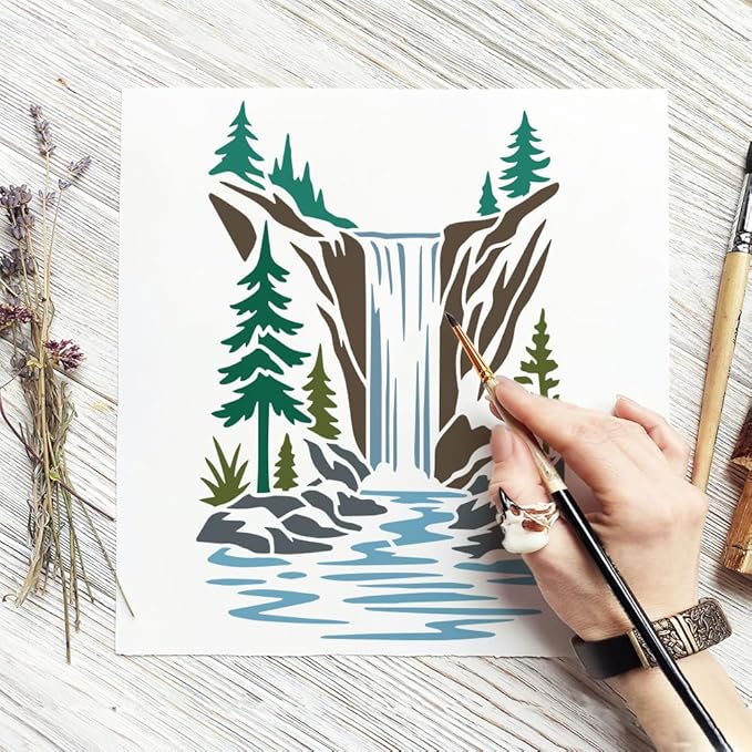 FINGERINSPIRE 4PCS Mountains Waterfalls Stencils with 1Pc Brush 8.3x11.7inch Mountain Landscape Stencils Waterfalls Nature Scenery Painting Template for Painting on Wood Wall Fabric Furniture