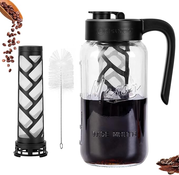 Spreccio Cold Brew Coffee Maker Glass, Airtight & Leakproof Mason Jar Pitcher with Cold Brew Filter, 64 oz Glass Pitcher with Lid for Iced Coffee, Lemonade, Ice Tea