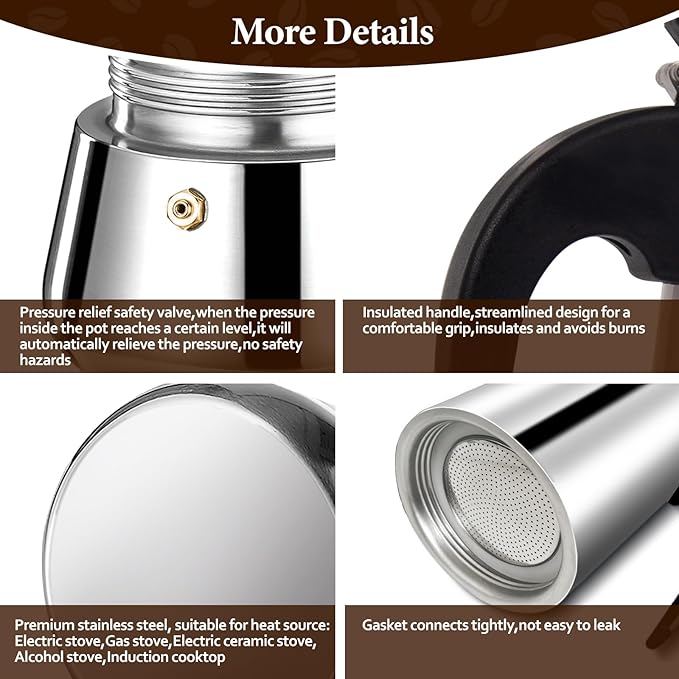 2 Cup Moka Pot Percolator Italian Coffee Maker 100ml Stovetop Espresso Mocha Stainless Steel Greca Coffee Maker Classic Cafe Makers Suitable for Induction Cookers Ceramic Stoves Tummy