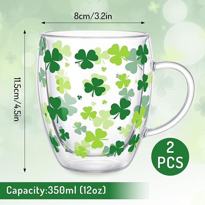 JarThenaAMCS St. Patrick's Day Coffee Mugs with Handle Shamrock Double Wall Glass Insulated Glasses 12Oz Clear Espresso Cups for Cappuccino Latte Tea Home Holiday Supplies, Set of 2