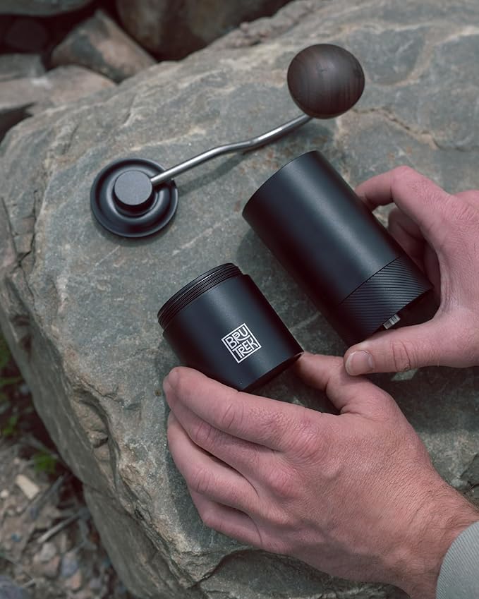 BruTrek Camp Coffee Hand Grinder - Durable Travel Stainless Steel Burr Coffee Grinder, Adjustable Grind Size Settings, High Capacity, Easily Grind Whole Beans for French Press Pour Over or Espresso