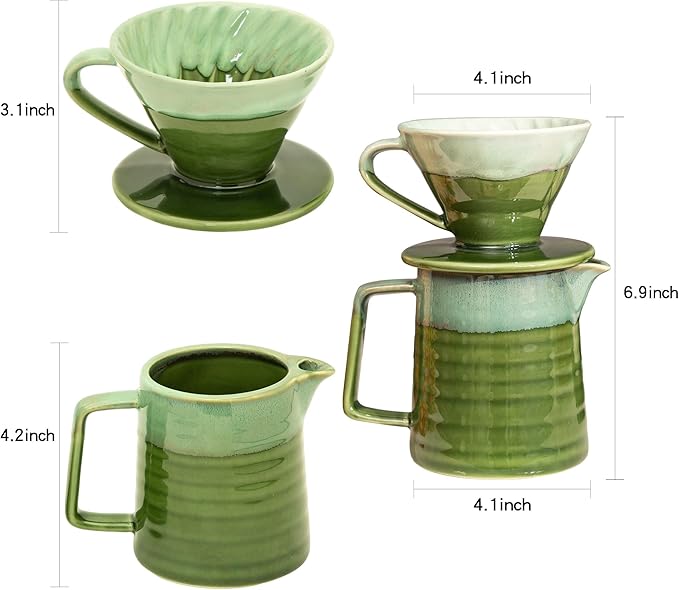 Topadorn Pour Over Coffee Maker Set, 13 Oz Ceramic Coffee Maker & Pour Over Coffee Dripper, Reusable Drip Coffee Maker for Café Restaurant Home Camping, Green