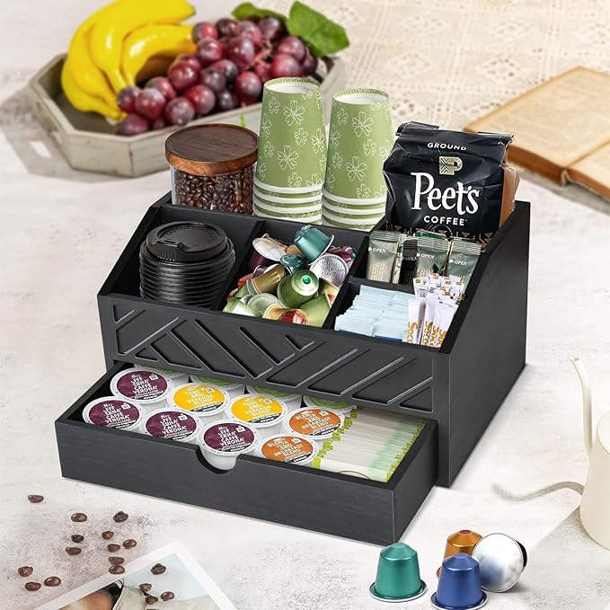 Coffee Bar Organizer with Drawer, Coffee Station Organizer for Countertop, Wood Coffee Bar Accessories Organizer for Coffee Bar Decor, Farmhouse Cup Pod Holder Condiment Organizer(Black)