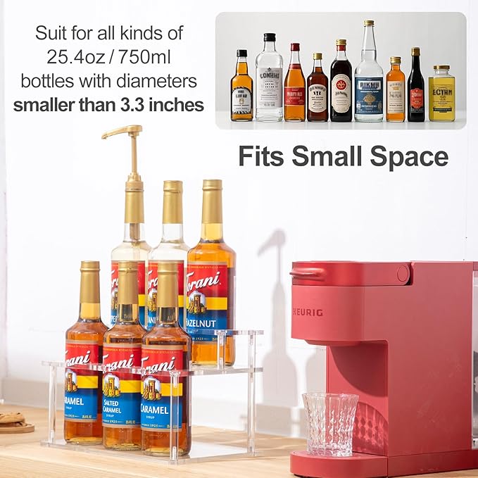 ODPEOZT Acrylic Coffee Syrup Organizer, 2 Tier Coffee Syrup Rack (6 Bottle Capacity), Syrup Bottle Holder Stand for Coffee Bar, Kitchen Countertop Syrups, Condiments and Wine (Transparent)