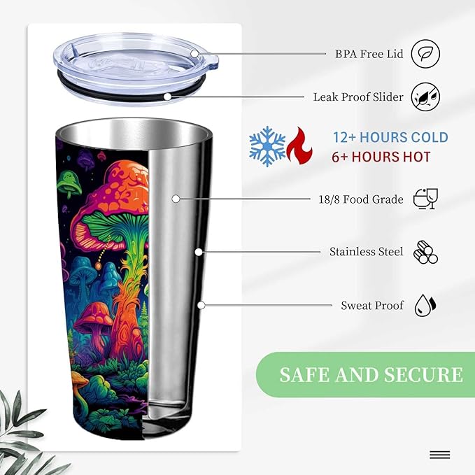 Mushroom 20 oz Tumbler, Mushroom Gifts for Women, Vacuum Insulated Stainless Steel Travel Mug with Lid, Hot & Cold Coffee Drink Cup for Home, Office and Car