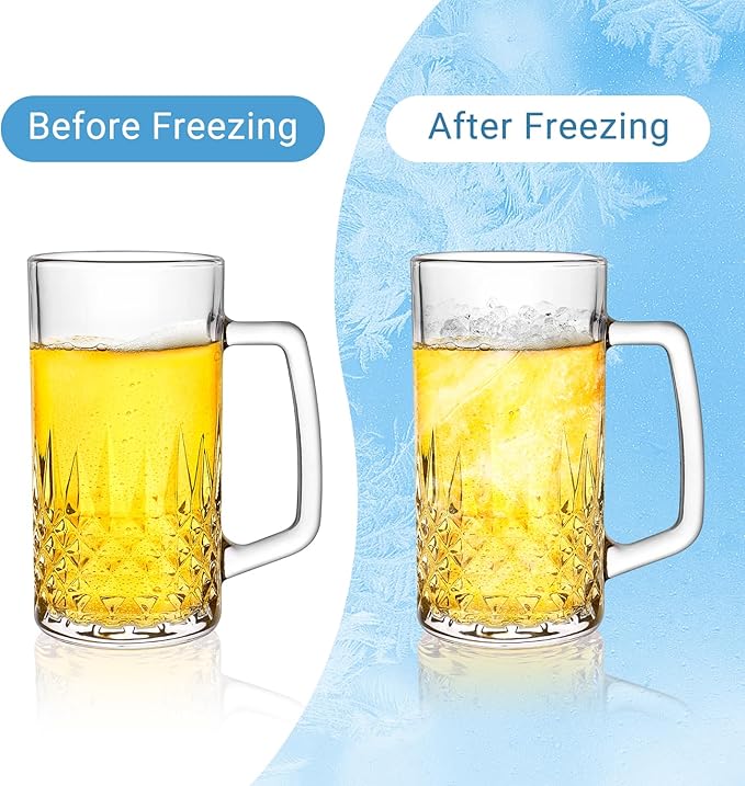 20oz Beer Mug, 4 Pack Glass Beer Mugs for Freezer, Clear Large Beer Steins with Handle, Gifts for Men