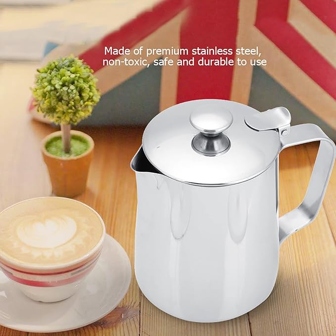 Coffee Frothing Pitcher With Lid, Stainless Steel Milk Frother Cup, Mutifunctional Milk Jug Cup, Coffee Steaming Pitcher With Handle , For Latte Art And Frothing Milk(350Ml)