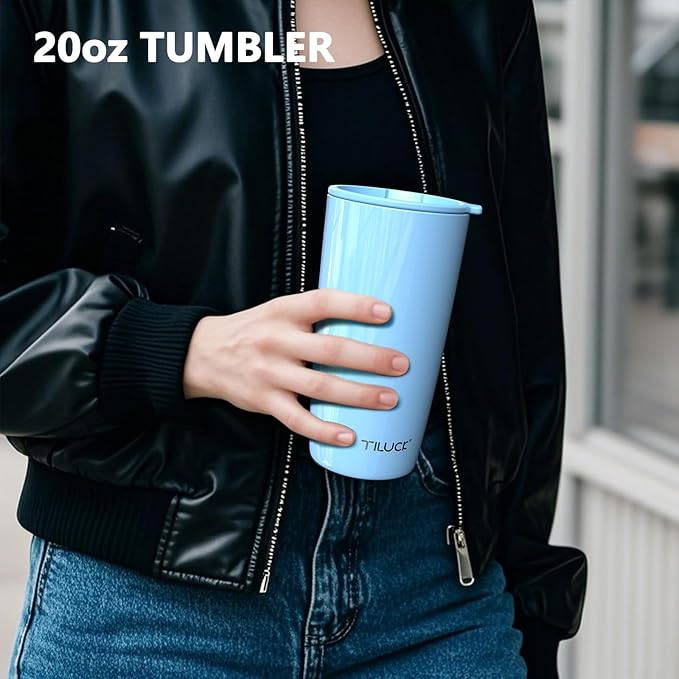TILUCK 20 oz Tumbler with Lid, Vacuum Insulated Stainless Steel Coffee Mug, Double-Walled Travel Tumbler for Hot and Cold Drinks(GlitterBlue, 20oz)
