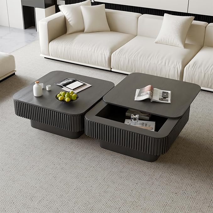 SZTHHDF Square Coffee Table for Living Room,Fluted Drum Accent Tea Center Table with Storage,Solid Wood Modern Coffee Tables for Small Space Office Apartment (31.5" L×31.5''W×14''H-Black)