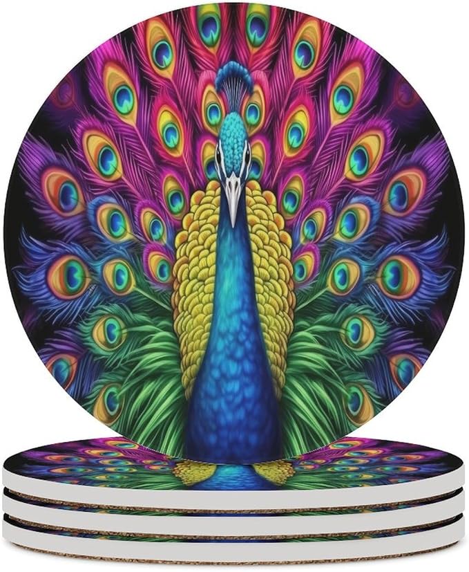 Round-4PCS Peacock Ceramic Coasters, Round Absorbent Drink Coasters, Vintage Country Beautiful Colorful Peacock Ceramic Table Coasters for Coffee, Beverage, Wine, Beer Coasters