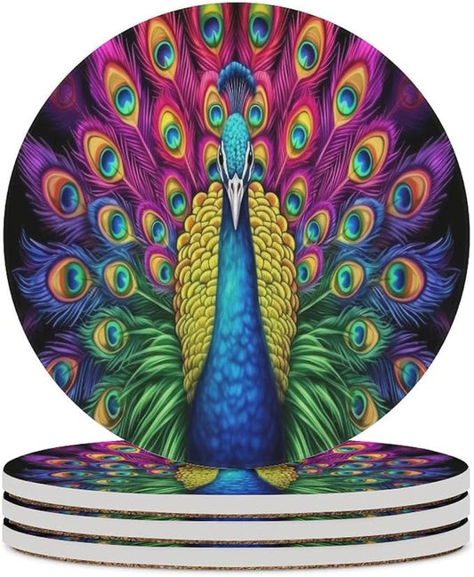 Round-4PCS Peacock Ceramic Coasters, Round Absorbent Drink Coasters, Vintage Country Beautiful Colorful Peacock Ceramic Table Coasters for Coffee, Beverage, Wine, Beer Coasters
