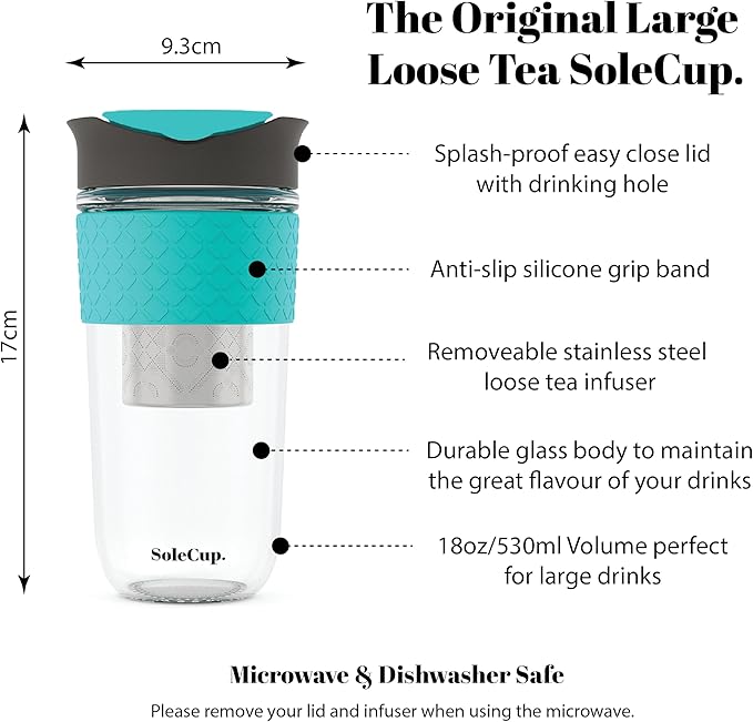 Large Travel Mug Loose Tea Infuser - Detachable Tea Strainer with Spill Proof Lid - 18oz/530ml BPA-Free Reusable Glass Travel Coffee Cup with Silicone Band (Gray and Blue, 18oz)