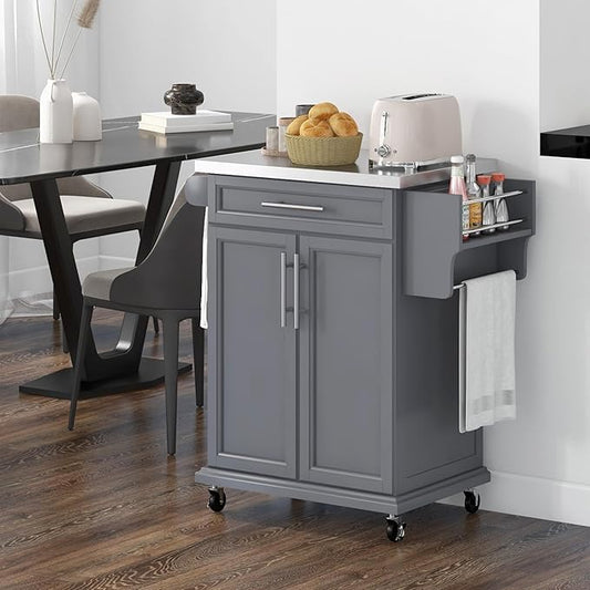 HOMCOM Kitchen Island on Wheels, Rolling Kitchen Cart with Stainless Steel Countertop, Drawer, Towel Rack and Spice Rack, Utility Storage Trolley, Gray