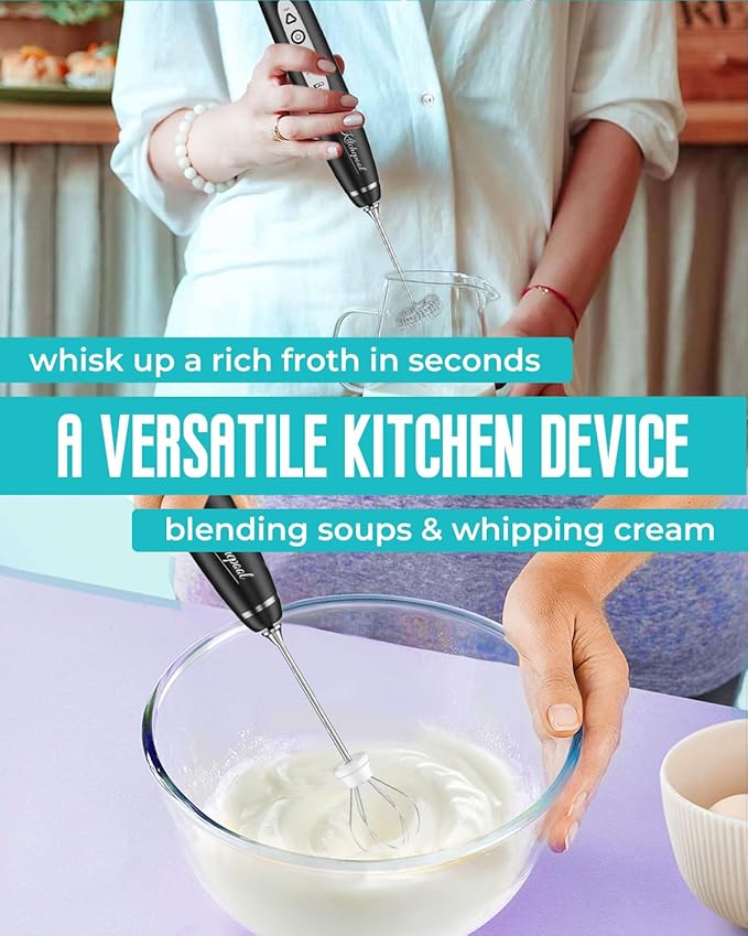Rechargeable Milk Frother Wand with Stand for Coffee, Electric Whisk with 3 Speed Adjustable, Drink Mixer Handheld for Lattes, Cappuccino, Hot Chocolate, Egg, Dark Black