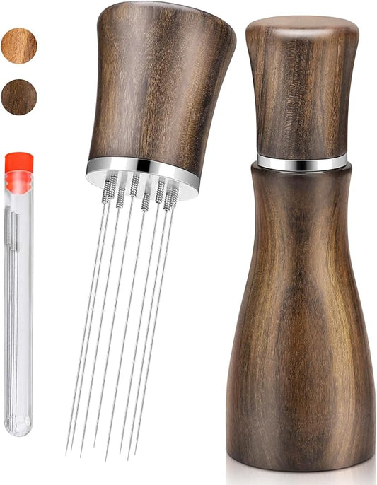 WDT Espresso Stirrer Tool Espresso Distribution Tools,0.4mm 8Pin Replaceable Stainless Steel Needle Distributor and Extra 8 Needles for Espresso Coffee Stirrer,Natural Wood Handle and Stand