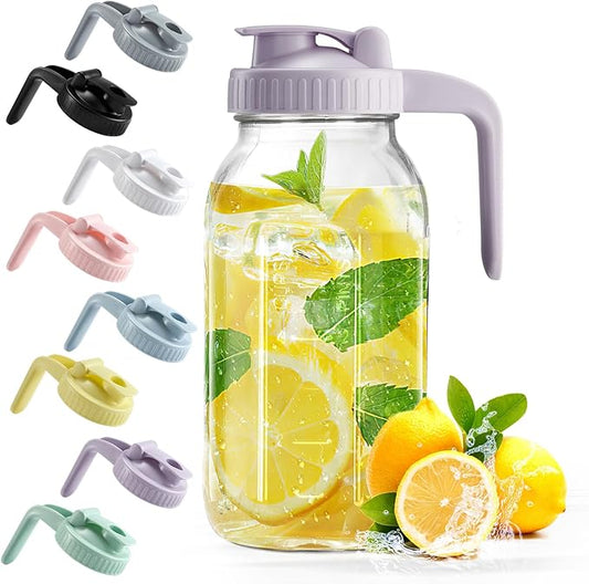 Mason Jar with Pour Spout Lid V-shaped, 2 Quart Iced Tea Pitcher Double Leak Proof, 64 oz Drink Pitcher for Breastmilk, Sun Tea, Juice, Coffee Creamer