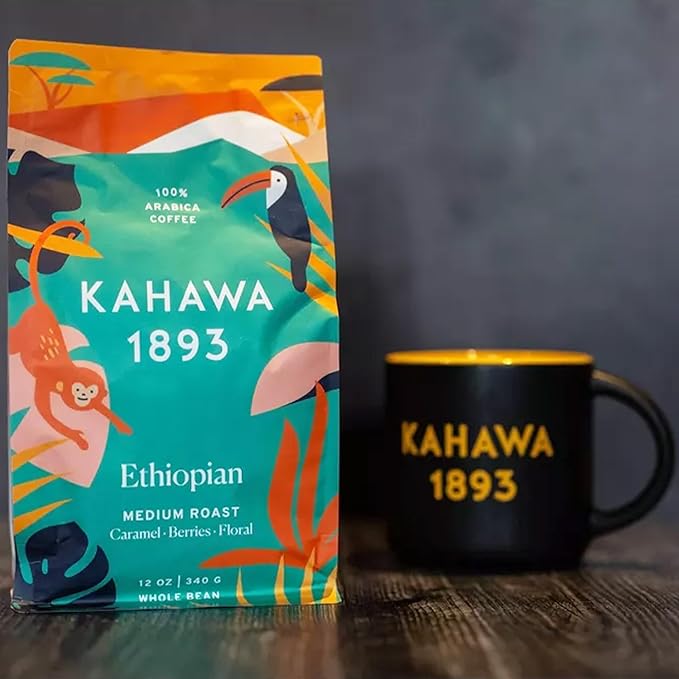 Kahawa 1893 Whole Bean Coffee Medium Roast Ethiopian Blend 24 Oz - As Seen on Shark Tank, High Antioxidants, Naturally Sweet, Organically Grown, Ethically & Sustainably Sourced