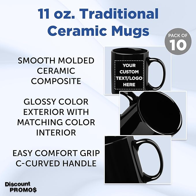 Custom Ceramic Coffee Mugs 11 oz. Set of 10, Personalized Bulk Pack - Coffee cup set, Iced coffee cup, Gaming mug - Black