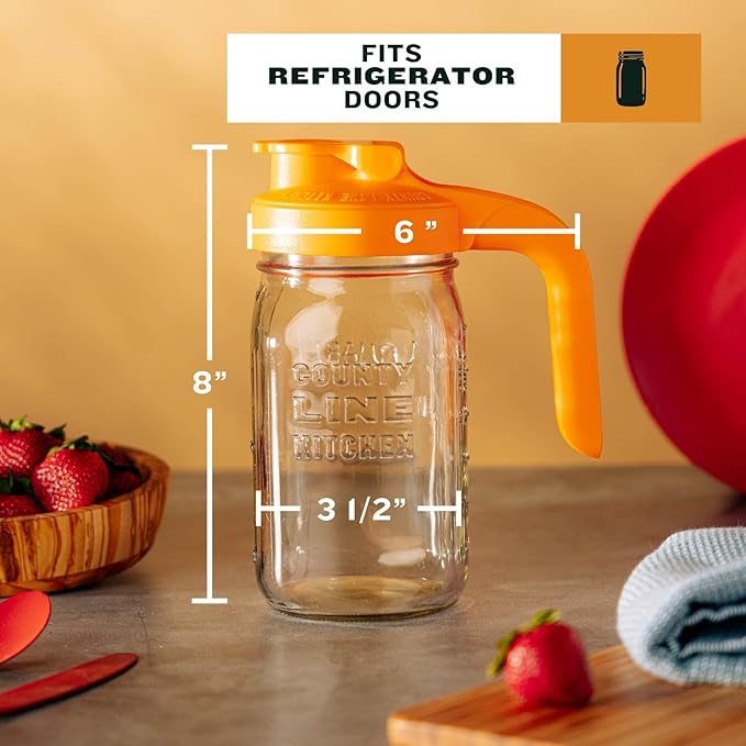 County Line Kitchen Glass Mason Jar Pitcher with Lid - Wide Mouth, 1 Quart (32 oz) - Heavy Duty, Leak Proof - Sun & Iced Tea Pitcher, Cold Brew Coffee, Breast Milk Storage, Water - Sunrise Orange