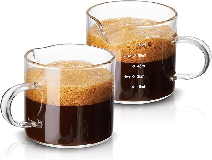 Mfacoy 2 Pack Measuring Cups, 75ML Espresso Cups with Handle, Espresso Shot Glasses with V-Shaped Mouth, Clear Accessories, Milk Frothing Pitcher | with Handle, with V-Shaped Mouth, Accessories