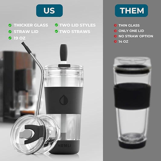 19 oz. Double Wall Glass Coffee Tumbler, To Go Travel Mug with Lid, Portable Glass Thermos with Straw, Reusable Cup, Tea, Smoothies, Ice Coffee, and Boba
