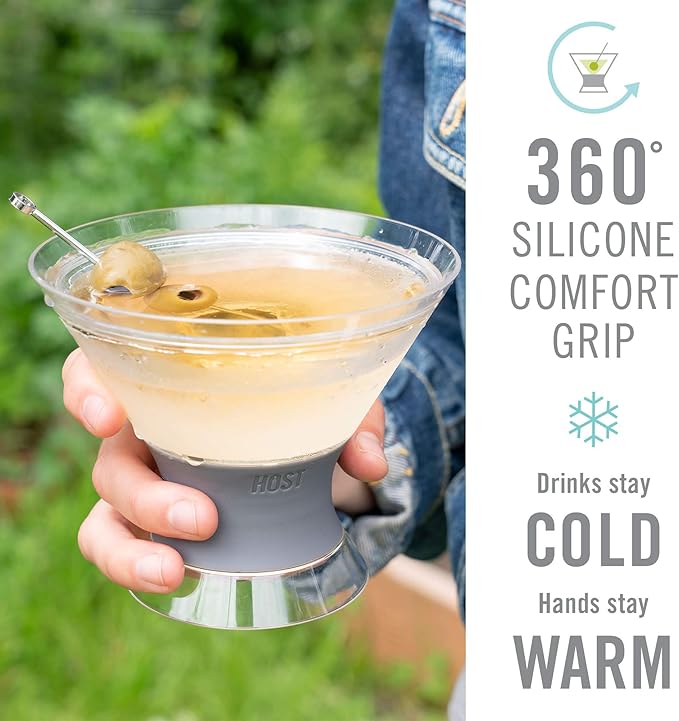 Host Freeze Insulated Martini Glasses Set of 4, Plastic Freezer Gel Chiller Double Wall Stemless Coupe and Cocktail Glass, 9 oz, Grey