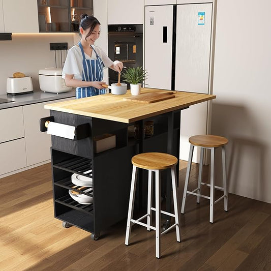 Rolling Mobile Kitchen Island with Storage and Drop Leaf, Island Table with Countertop Power Socket and Wheel (Black, Model 1.2)