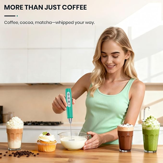Milk Frother Handheld Rechargeable, Frother Wand Drink Mixer Electric Whisk for Coffee, Detachable With 3 Stainless Whisks, Hand Mixer for Lattes, Cappuccino, Matcha, Egg, No Stand, Green
