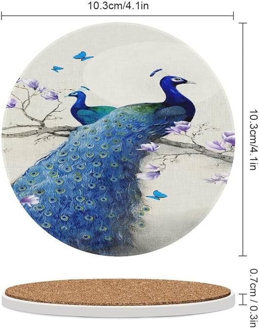 Peacock Drink Coasters, Round Ceramic Drink Coaster Round-6PCS, Vintage Style Beautiful Blue Peacock Floral Decor Absorbent Ceramic Coasters for Beverage Cup, Bar, Coffee Table