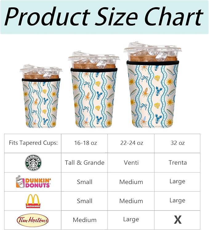 Neoprene Iced Coffee Sleeve 3 Pack, Reusable Insulated Cup Holder with Cute Ocean Pattern, Fits 16–32 oz Tumblers, Compatible with Starbucks & Dunkin, Drink Sleeves for Iced Coffee